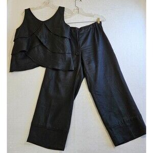 Liz Claiborne Linen 2 PC Set Top & Crop Pants Women Sz12 Black Tiered Livvy Boho